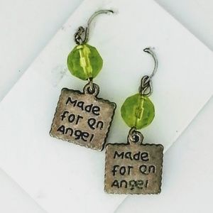 Green Faceted Bead "Made for An Angel" dangle handmade earrings 1.5" NEW
